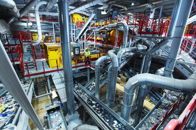 Interior of a packaging recycling plant, with conveyors carrying mixed packaging, silver ventilation ducts, yellow sorting equipment and red railings.